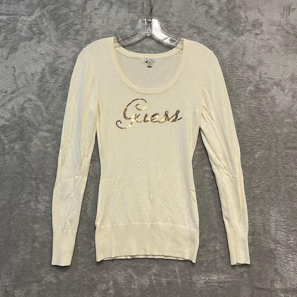 Guess Sweater Womens Small Cream Sequin Logo Long Sleeve Scoop Neck Knit Top